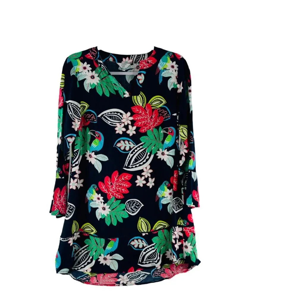 Crown & Ivy Petite‎ Floral Parrot Print Tunic Dress long Sleeve Size PS